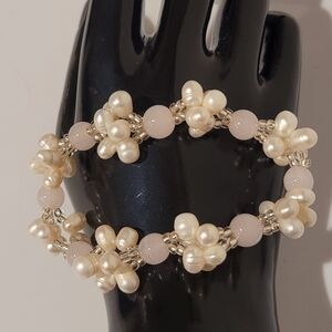 White Fresh Water Floral Design Pearl Accented By Rose quartz Bead Bracelet
